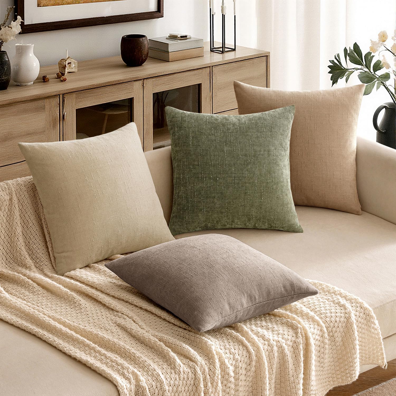 MIULEE Textured Pillow Covers 26x26 Inch Pack of 2,Light Taupe Soft Thick Euro Solid Decorative Chenille Throw Pillows Neutral Farmhouse Cushion Covers Modern Home Decor for Bed Couch Living Room