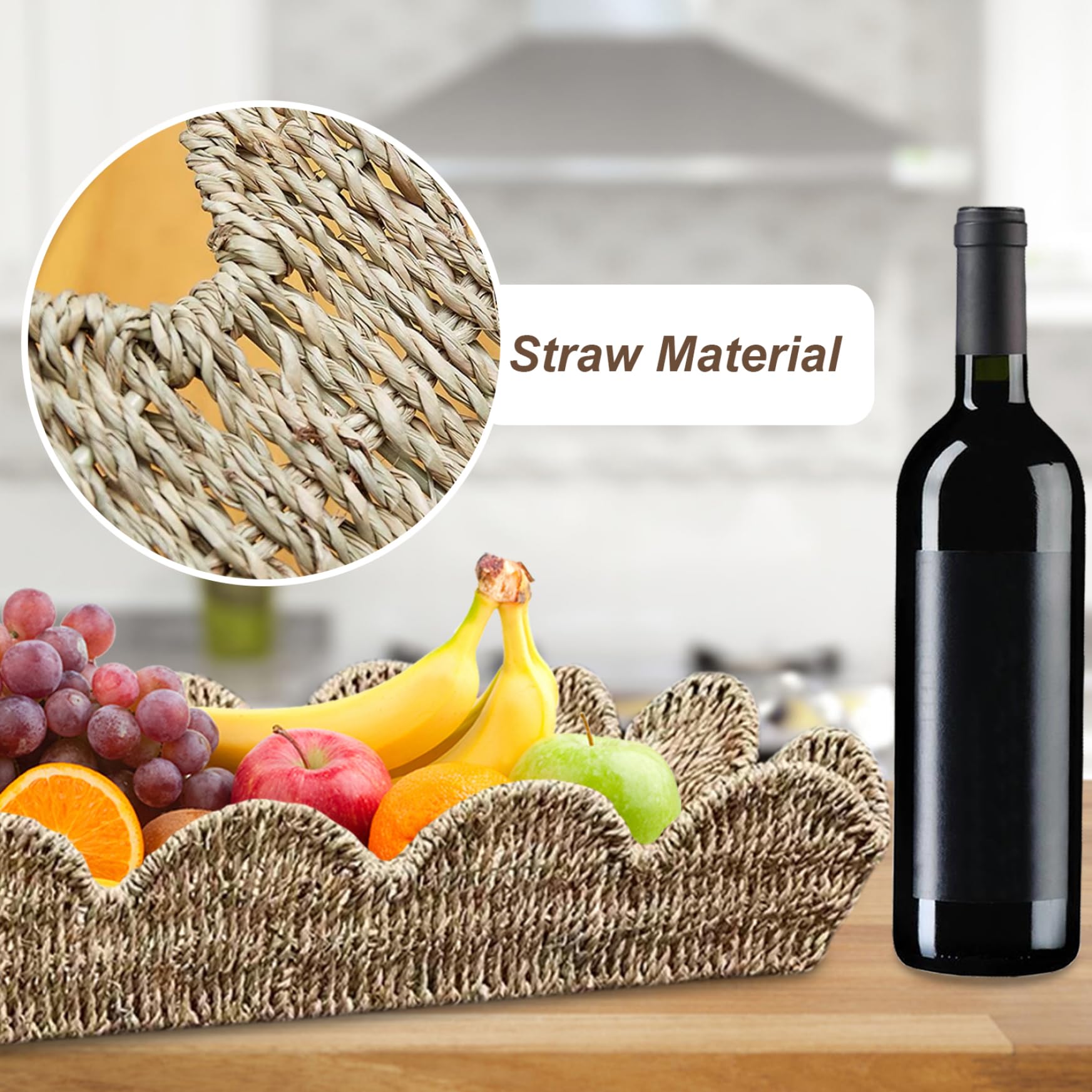Bandeja rectangular de mimbre de hierba marina rústica con borde festoneado, 19.7 x 14.6 x 3.9 pulgadas, ideal para decoración del hogar, cocina, fiestas y entretenimiento