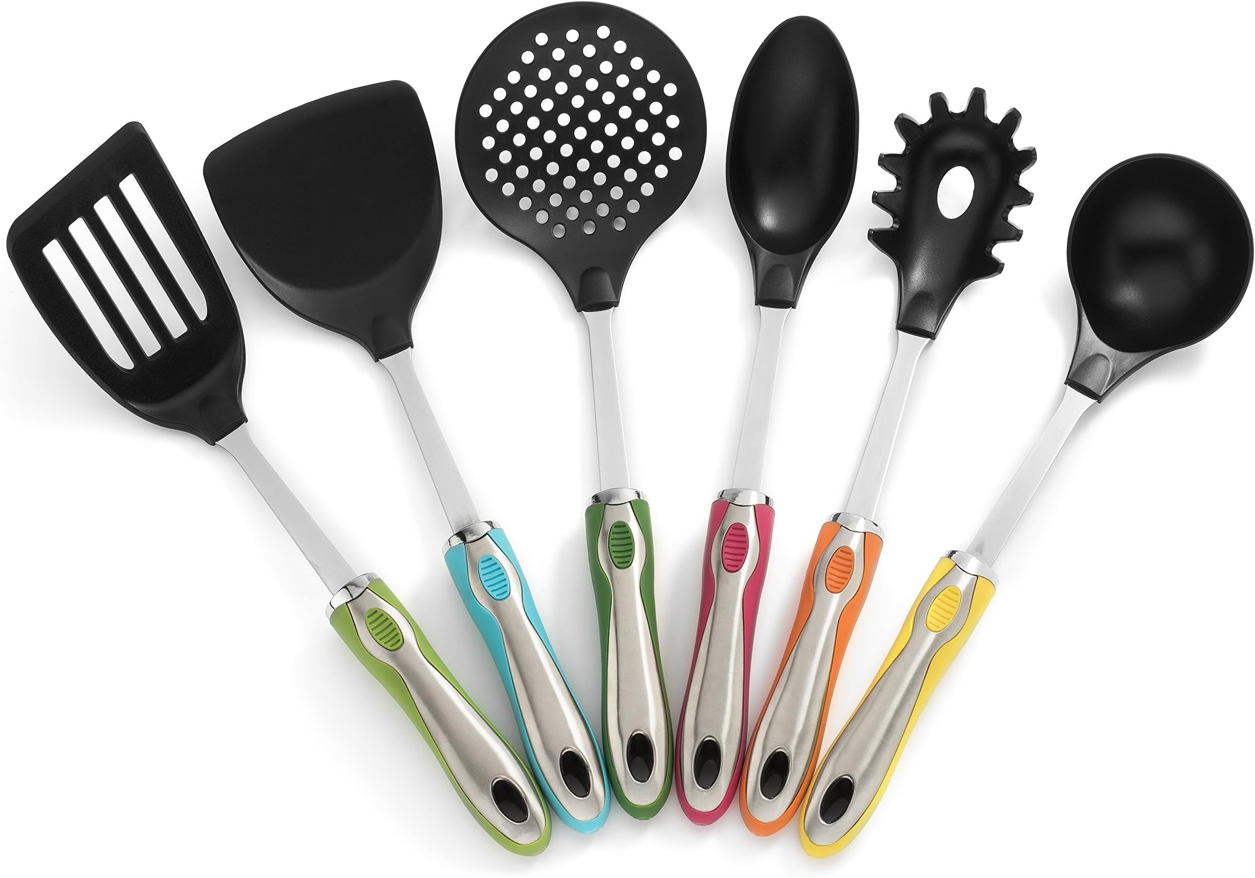 7 PC Colorful and Stylish Kitchen Utensil Set with Rotating Holder โ Large Nylon Heads and Stainless Steel Core