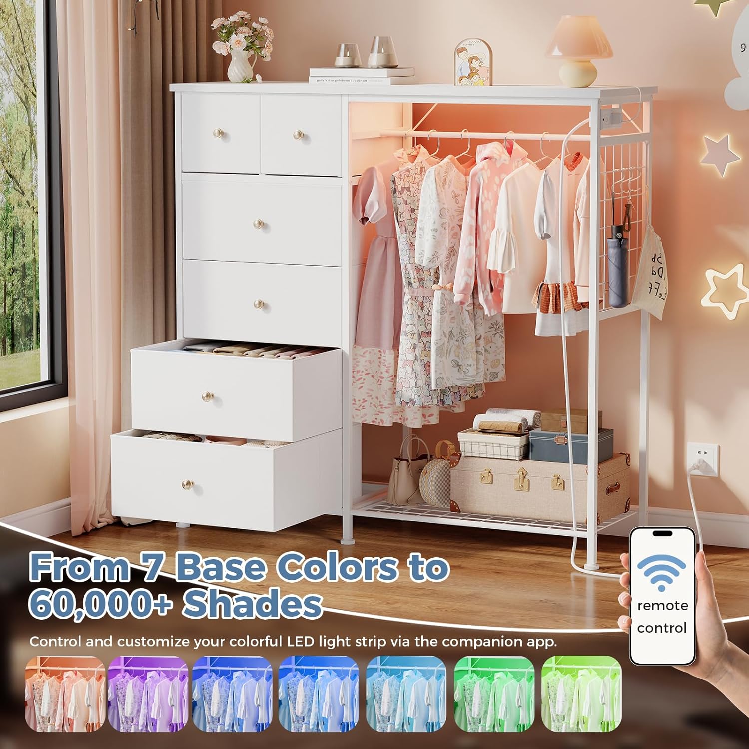 OLIXIS 6 Storage for Bedroom with Hanging Rack with LED Lights & Charging Station, Fabric Chest of Storage with Rack, Wooden Top, for Home Living Room Entryway White