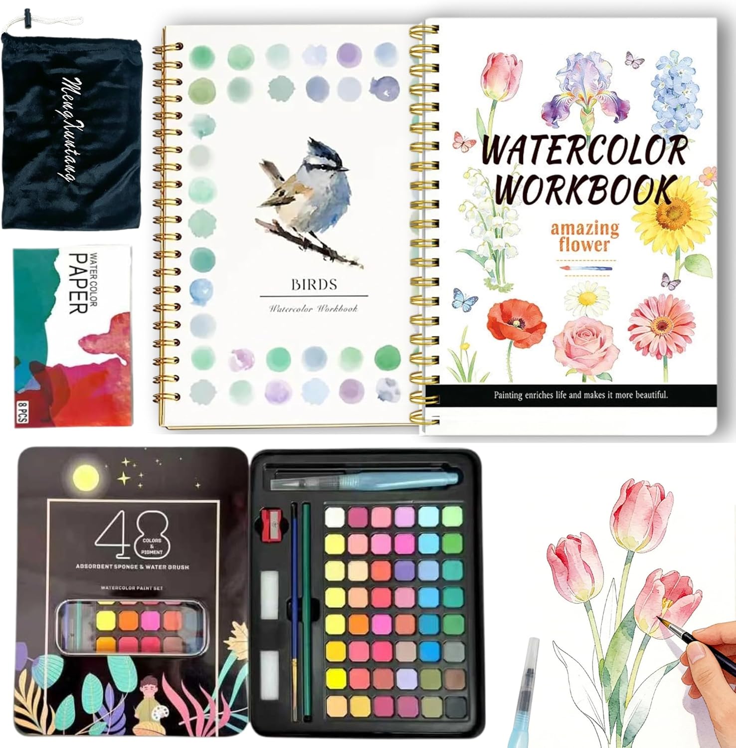 Watercolor Workbook Paint Set, Bird and Floral Painting Books with a Box of 48 Colors and Brushes, Mindful Art Therapy Kit for Adults Stress Relief
