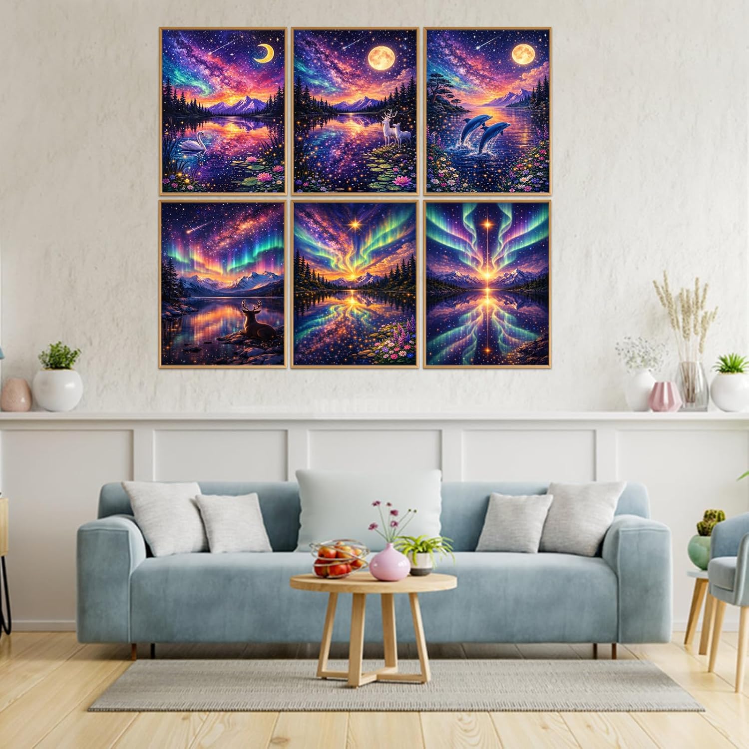 6 Pack Landscape Diamond Art Kits for Adults 12x16 Inch Full Drill DIY 5D Diamond Painting Kits for Beginners Landscape Animal Aurora Night Sky Diamond Painting Set