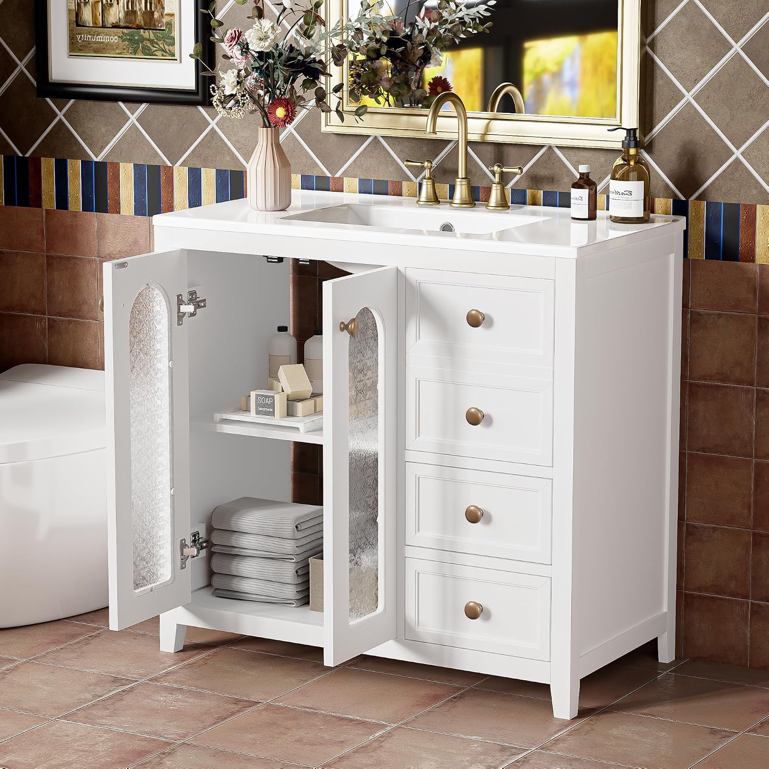 36 Inch Bathroom Vanity with Sink, Modern Bathroom Storage Cabinet with Ceramic Basin , Solid Wood Pedestal Sink Storage Cabinet with Stylish Soft Closing Glass Doors, Drawers and Shelf (White)