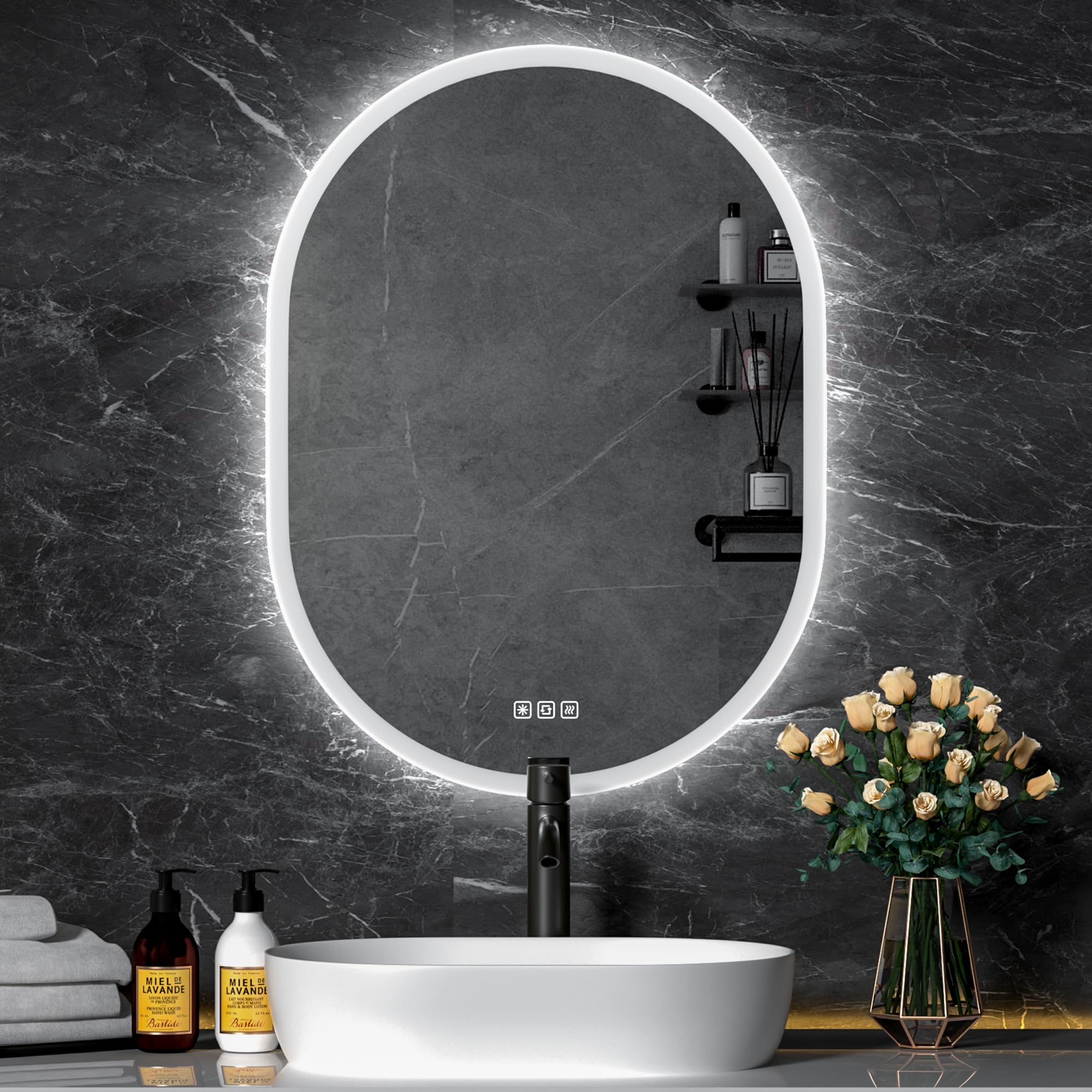 furduzz Espejo de baño con luces LED, espejo de baño ovalado de 60 x 80 cm, espejo de tocador montado en la pared con interruptor táctil, 3 luces regulables de color, horizontal/vertical
