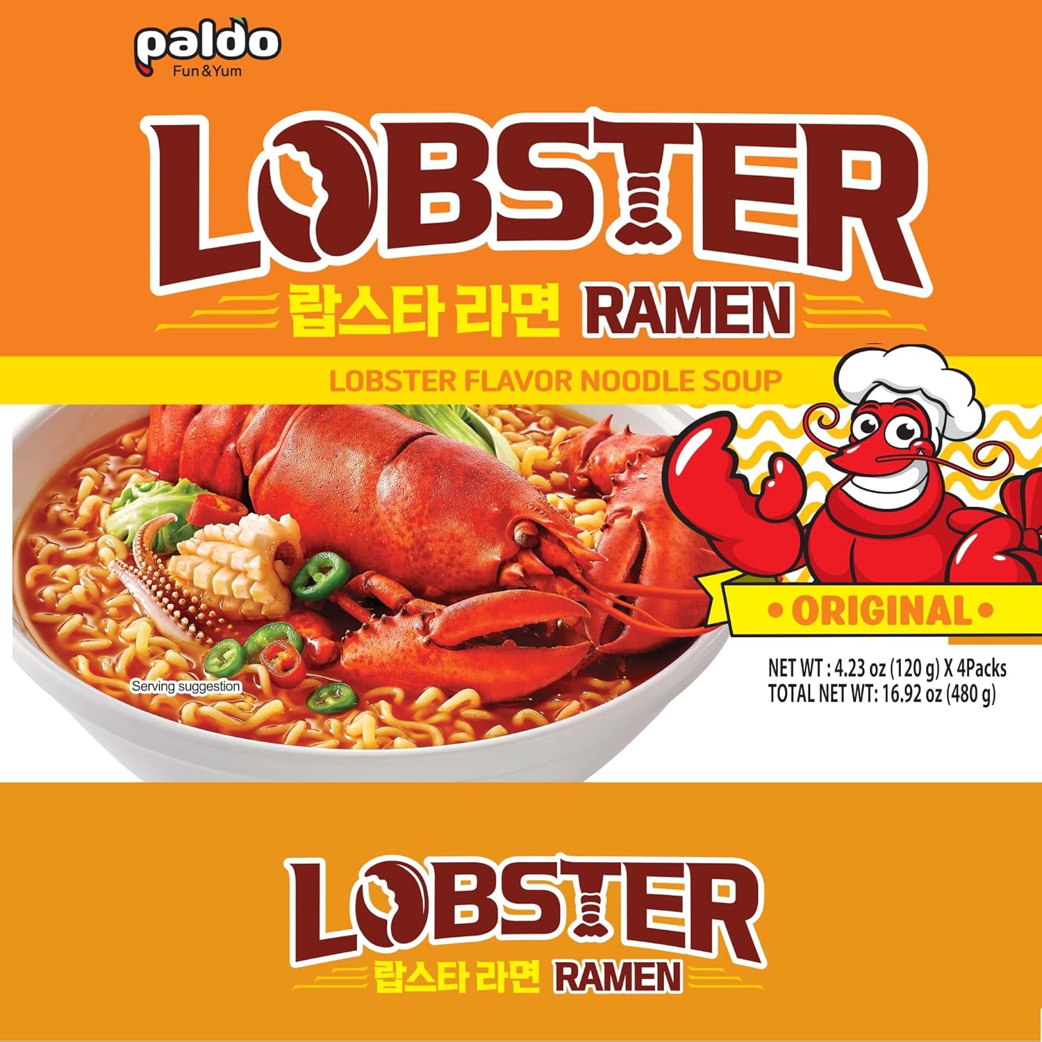 Paldo Fun & Yum Lobster Flavored Noodle Soup Original Seafood Broth, Oriental Style Korean Ramyun, K-Food 120g 4.23oz (4.23 Ounce (Pack of 8), Lobster)