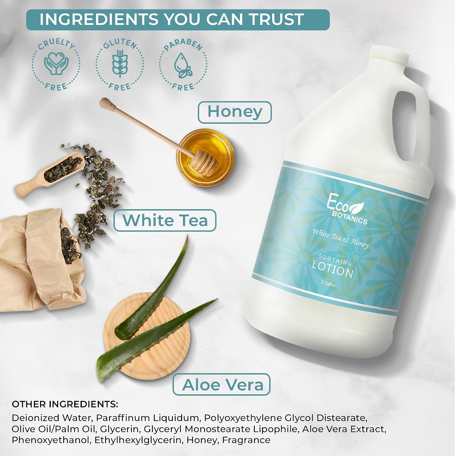 Terra Pure 1-Shoppe Eco Botanics Natural Lotion with Raw Honey & White Tea | Gallon Jug Bulk Toiletries for Airbnb, Vacation Rentals, and Home Bathroom | Refill For Soap Dispensers | Set of 4
