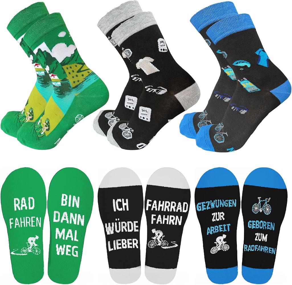FestiKiva Lustige Fahrrad Socken für Herren & Damen, Baumwollsocken mit Fahrrad-Motiv, Geschenk für Radfahrer & Rennrad Fans Unisex Größe 39-46 (GRAU-BLAU-GRÜN) Fashion