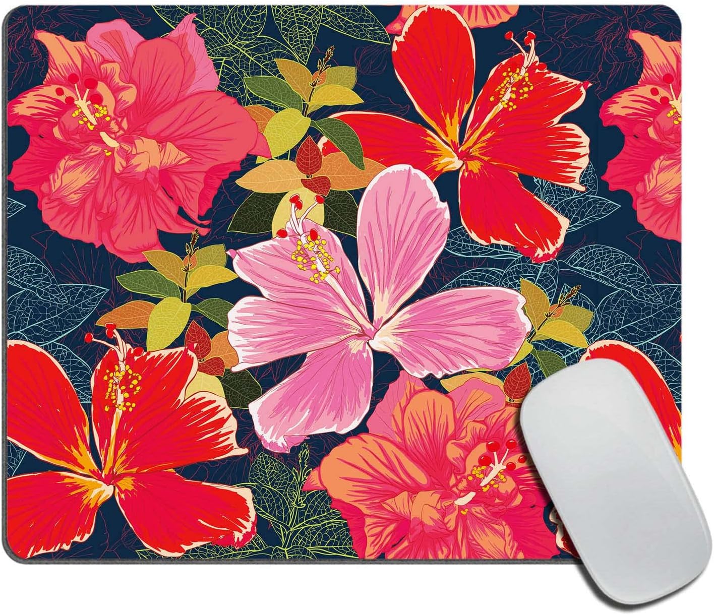 Mouse pad Colorful Hibiscus Flowers and Leaves Mousepad Summer Cute Office Decor for Women Desk Accessories Red Tropical Mousepad Gift for Coworker Boss