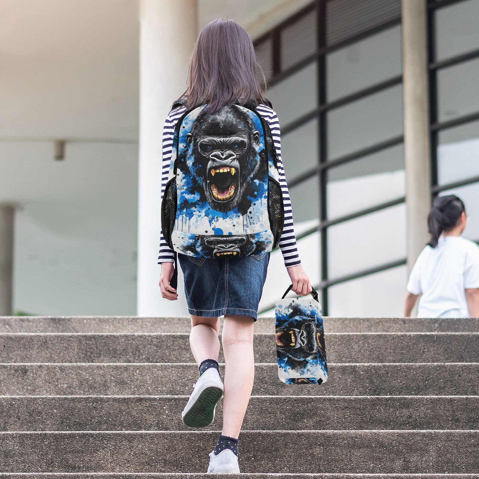 ALAZA King Kong - Set zaino e borsa per il pranzo con viso blu, per ragazze e ragazzi, borsa per la scuola, librerie, zaino elementare, zaino casual