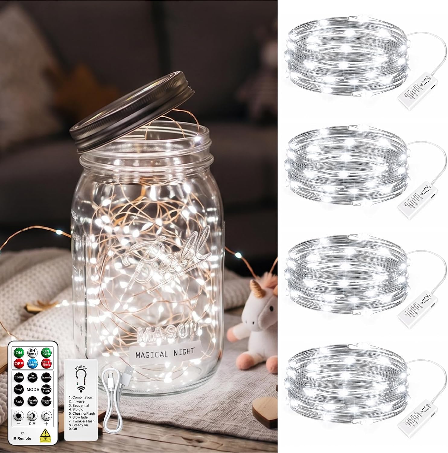 4-Pack Rechargeable Fairy Lights with Remote & DIY Timer, 7Ft 20LED