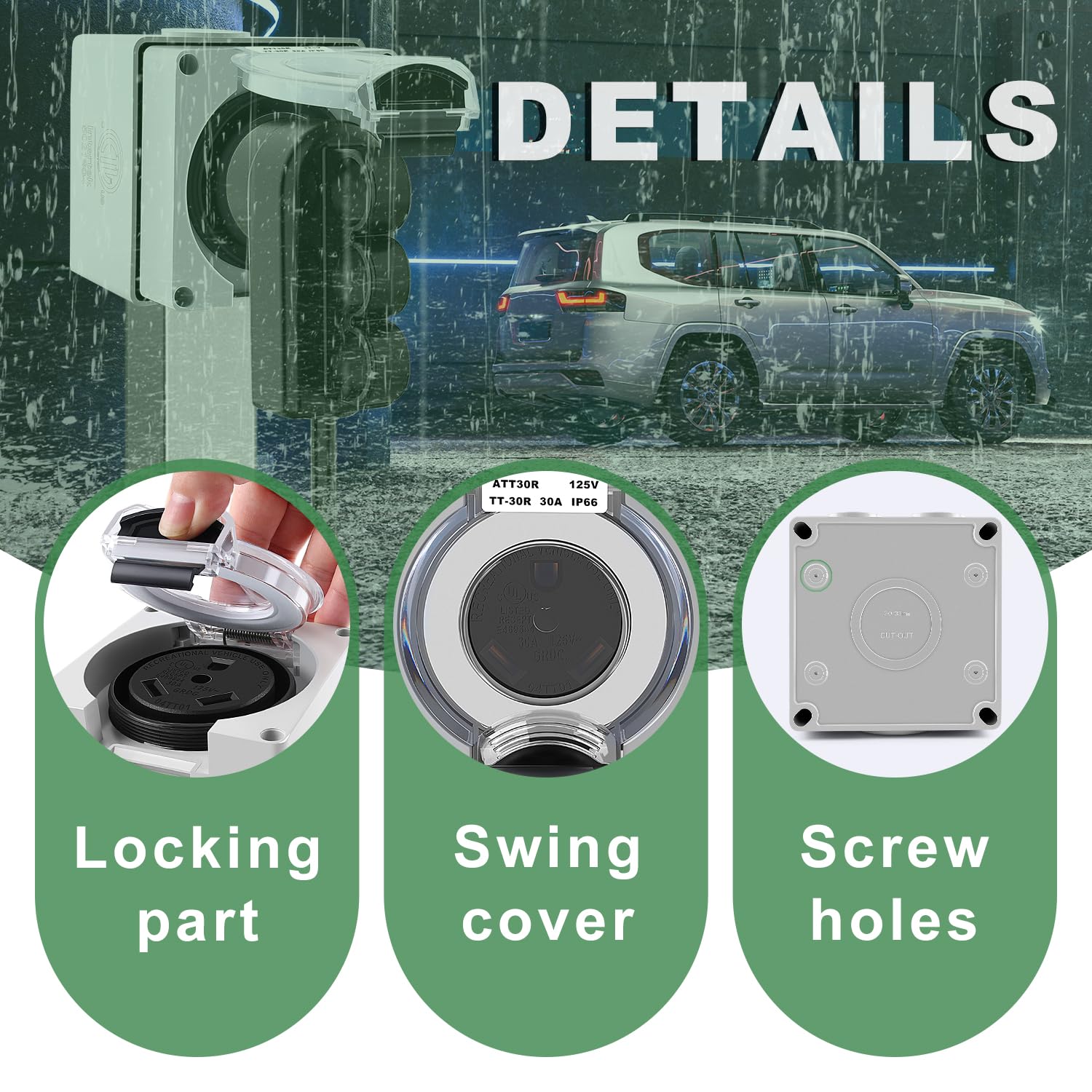 Knoweasy 30 Amp RV Power Outlet Box, 125V NEMA TT-30R Receptacle, ETL Listed, Weatherproof and Dustproof Electrical Panel for Electric Vehicles, Generators, and Welding Machines