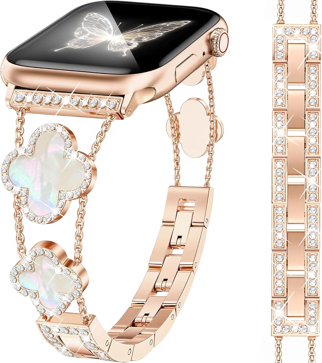 Rose Gold Bling Diamond Clover Bands Women Compatible with Apple Watch 42mm(S3/2/1) 44/45/46/49mm Lucky Sparkle Dressy Bracelet Metal Strap for iWatch Series 11/10/9/8/7/6/5/4/SE/Ultra 3/2/1 A4 Rose Gold/White 46(S10/11)/45/44/49/42mm(S1/2/3)