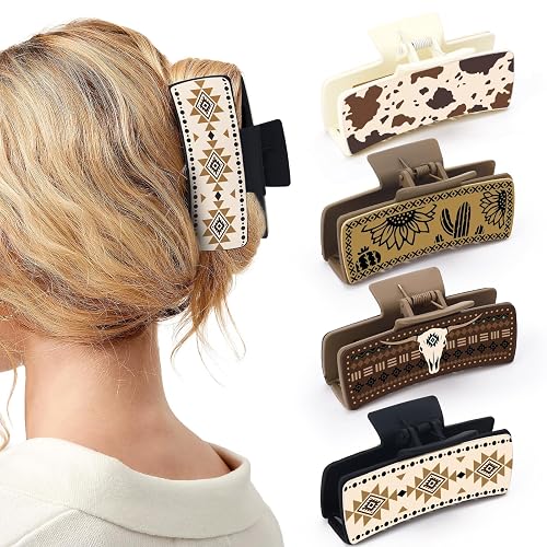 Yussti Western Leather Hair Claw Clips Sunflower Floral Square Claw Clips for Hairstyling Southwest Cow Print Cowhide Hair Accessories Large Aesthetic Western Cowgirl Stuff Gift for Women Girls