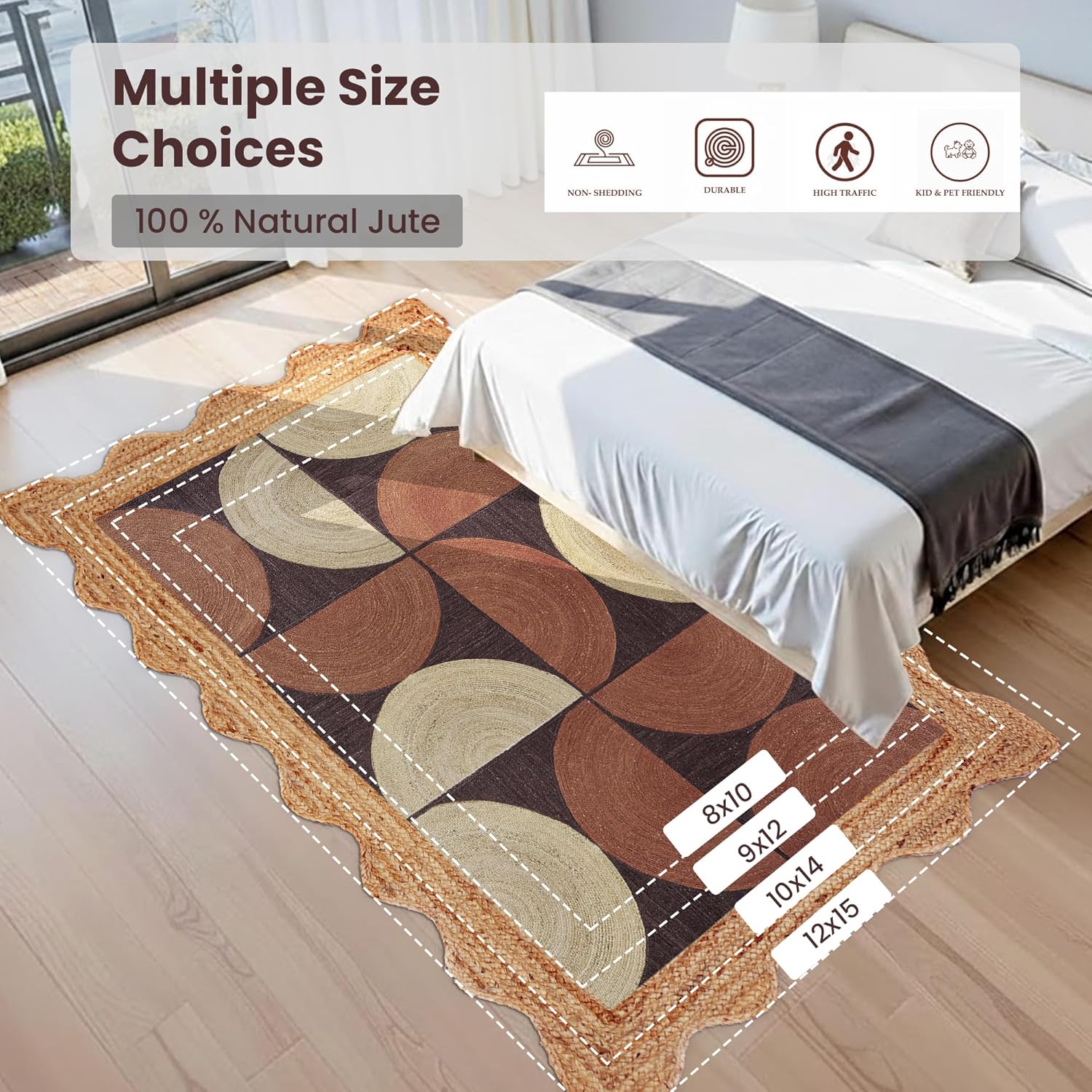 Jute Wave Scalloped Rug 10x18 Ft Hand Braided Natural Fiber Rugs Brown Kilim Jute Rug Ideal for High Traffic Area Living Room Farmhouse Large Space & Home Décor