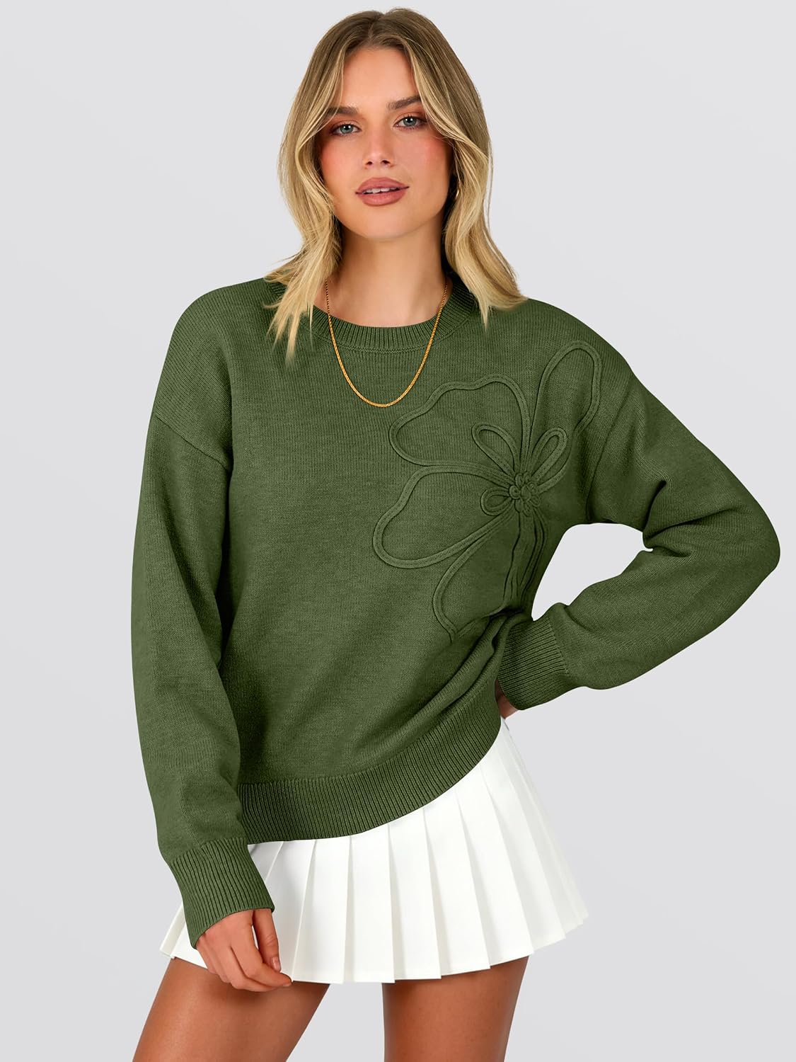 ANRABESS Women's Long Sleeve Flower Sweaters Trendy 2026 Cute Fall Outfits | Cute 3D Floral Pullover Sweater, Soft Cozy Knit Top, Crew Neck, Dressy Casual Work Wear, Travel Vacation, Warm Winter Clothes