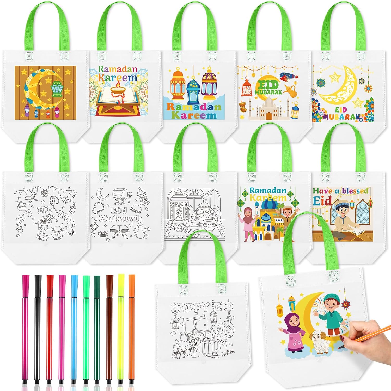 Bulyoou 60 Pack Ramadan Coloring Goodie Bags for Kids Bulk with Coloring Pens Reusable Eid Mubarak Gift Bags Ramadan Crafts for Home School DIY Activities Party Supplies, 12 Styles