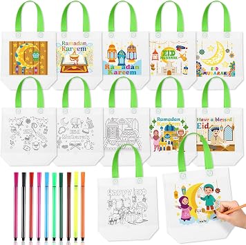36 Pack Ramadan Coloring Goodie Bags for Kids Bulk with Coloring Pens Reusable Eid Mubarak Gift Bags Ramadan Crafts for Home School DIY Activities Party Supplies, 12 Styles