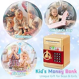 Refasy Money Bank for Kids Age 3 4 5+, Electronic Piggy Bank Money Coin Safe ATM Bank Money Safe for 3-12 Year Old Boys Girls Toys Gifts, Mini ATM Kid Bank Password Money Saving Box Coin Can (Gold)
