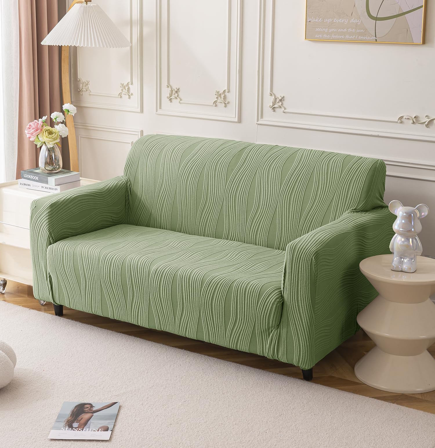 House of Quirk Universal Jacquard Waterproof Crizzle Pattern Fabric Sofa Cover Soft Touching Cover for Couch Flexible Stretch Sofa Slipcover (Two Seater, Green)-image-42