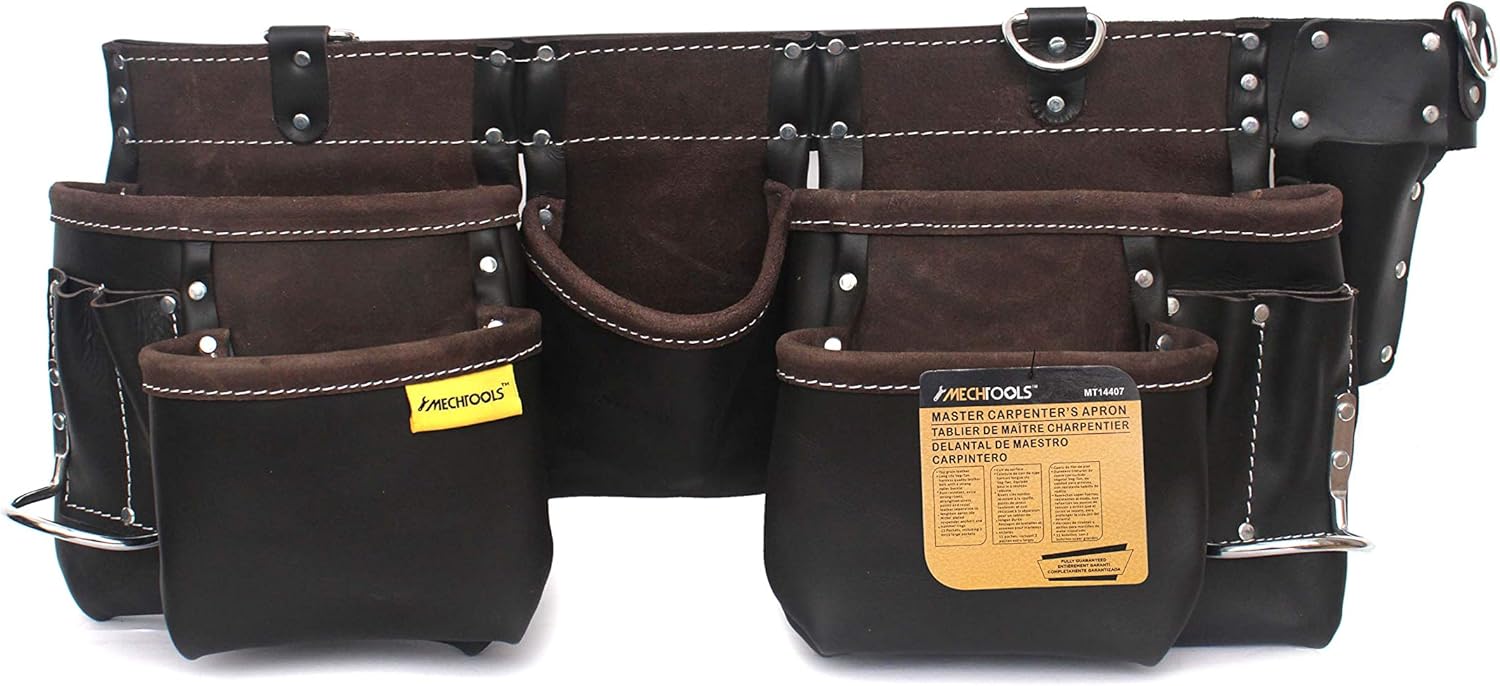 Premium Oil-Tanned Leather Tool Belt with Assorted Pockets with Hammer Ring, Knife Pocket Professional Carpenter & Woodworker Tool Apron