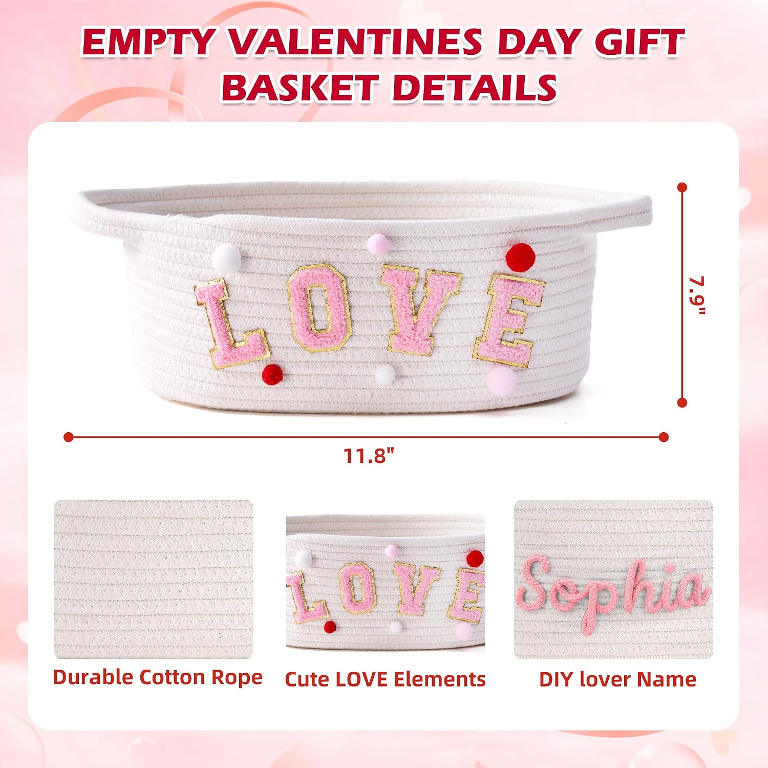 Valentines Day Basket, Valentines Gift Baskets Empty, Woven Rope White Basket with Handle, Ribbon, Row Decor, Personalized Name Cotton Rope, Valentine Storage Baskets for Him Her