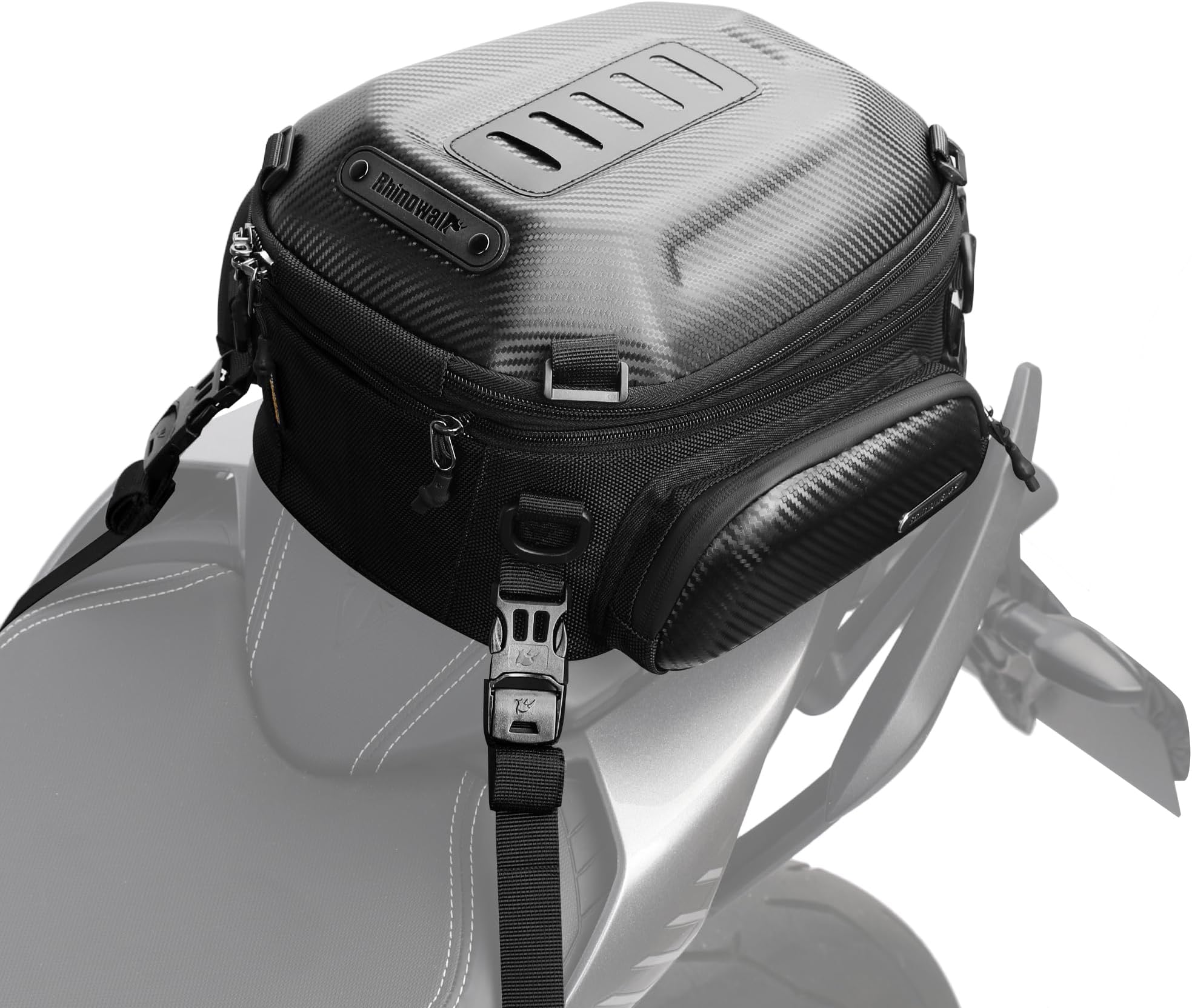 Rhinowalk Motorcycle Tail Bag Expandable Hard Shell Motorcycle Travel Luggage 12L-18L, Waterproof All Weather/Trunk/Rack Bag with Sissy Bar Straps - Carbon Black