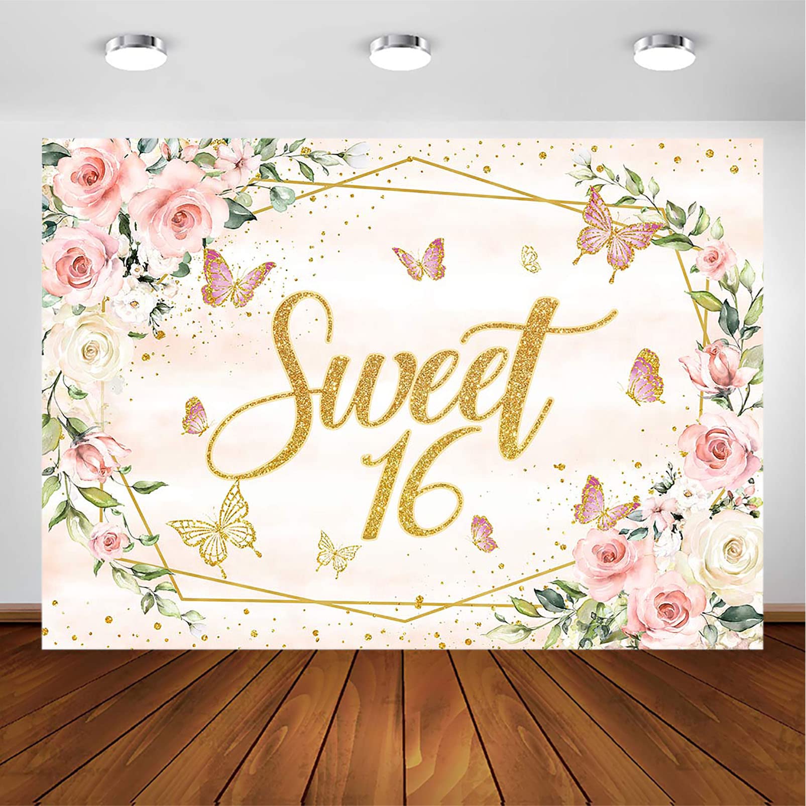 Avezano Sweet 16 Backdrop Light Pink Purple Floral Butterflies Gold Dots Party Decorations for Girl's 16th Birthday Watercolor Roses Butterfly Photoshoot Backgrounds Cake Table Banner (Pink, 7x5ft)