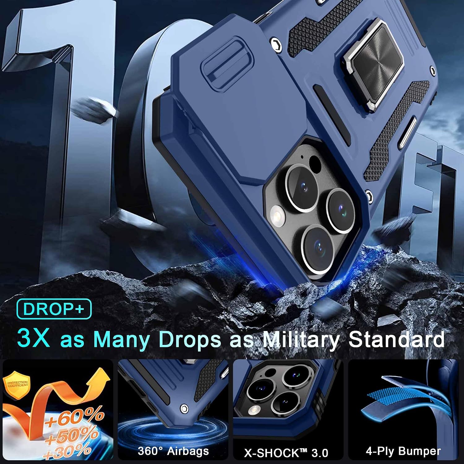 DEERLAMN Case for iPhone 14 Pro Max with Slide Camera Cover+Screen Protector(1 Pack),Rotated Ring Kickstand Military Grade Shockproof Protective Cover 6.7 Inch-Navy Blue image 4