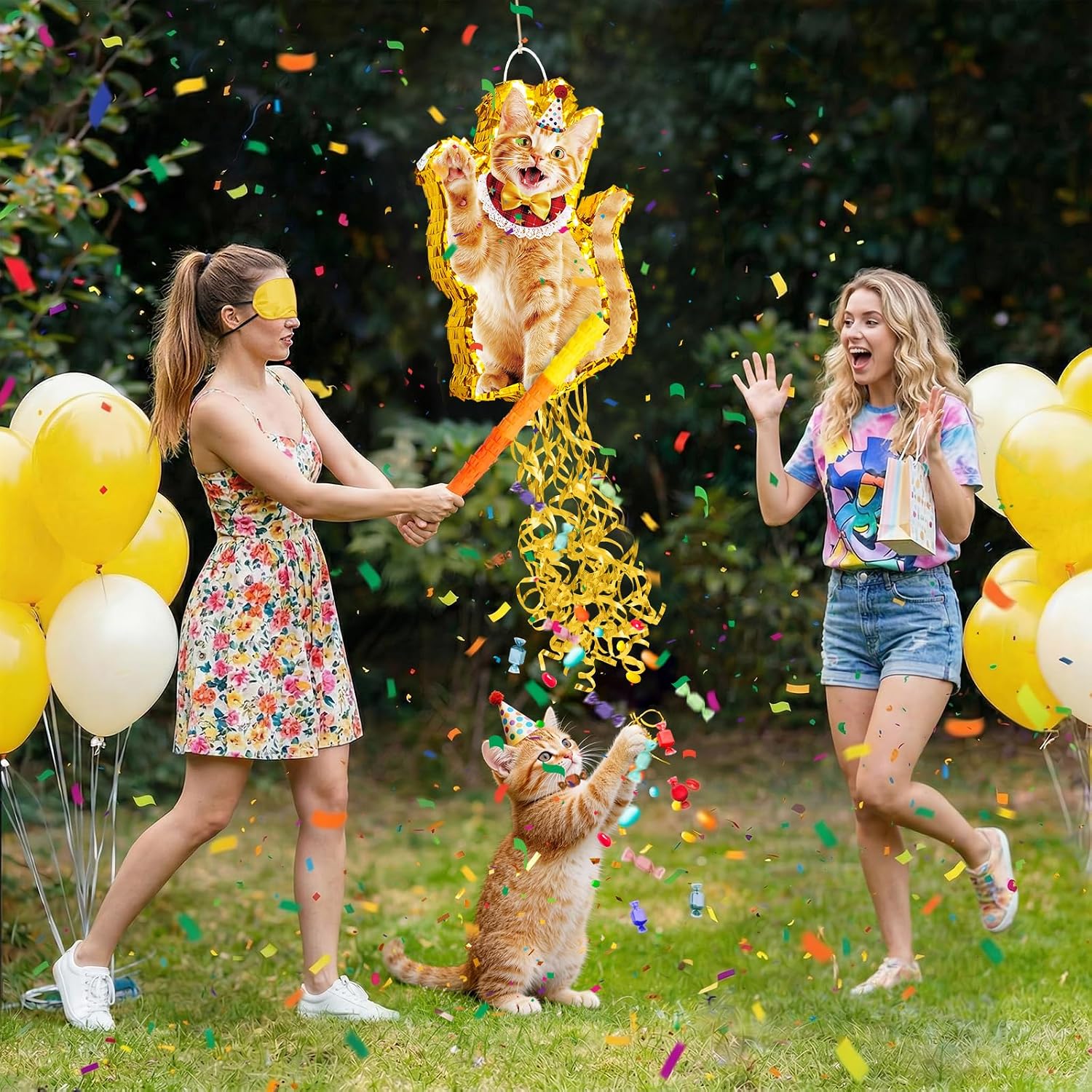 WERNNSAI Cat Piñata - Orange Cat Birthday Decorations Pull String Piñata Bundle with Blindfold and Bat Cute Animal Party Game for Kitten Party Supplies