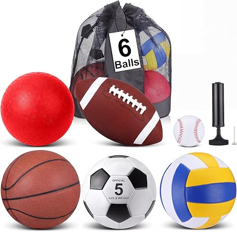 Libima 6 Pcs Multi Sport Ball Set,Recess Equipment | Basketball, Soccer, Volleyball, Football, Baseball with Storage Bag and Pump for Outdoor Games, Backyard Training, Team Play