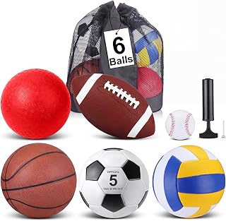 Libima 6 Pcs Multi Sport Ball Set,Recess Equipment | Basketball, Soccer, Volleyball, Football, Baseball with Storage Bag and Pump for Outdoor Games, Backyard Training, Team Play