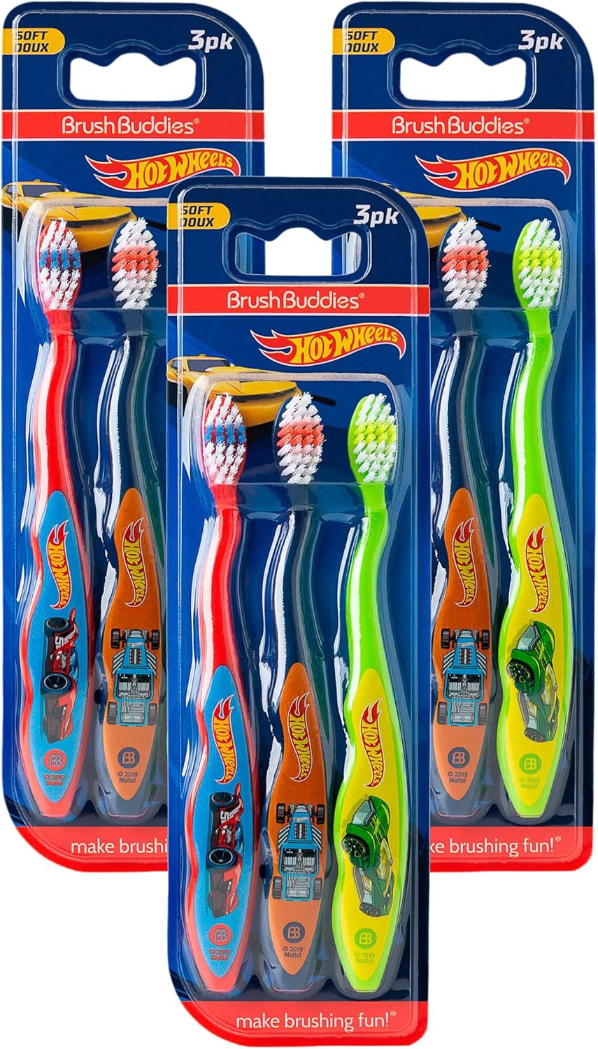 Brush Buddies Hot Wheels Manual Soft Bristled Toothbrushes for Kids, 3-Pack, Multi-Colored & Fun, Anti-Slip Grip, Children's Toothbrushes