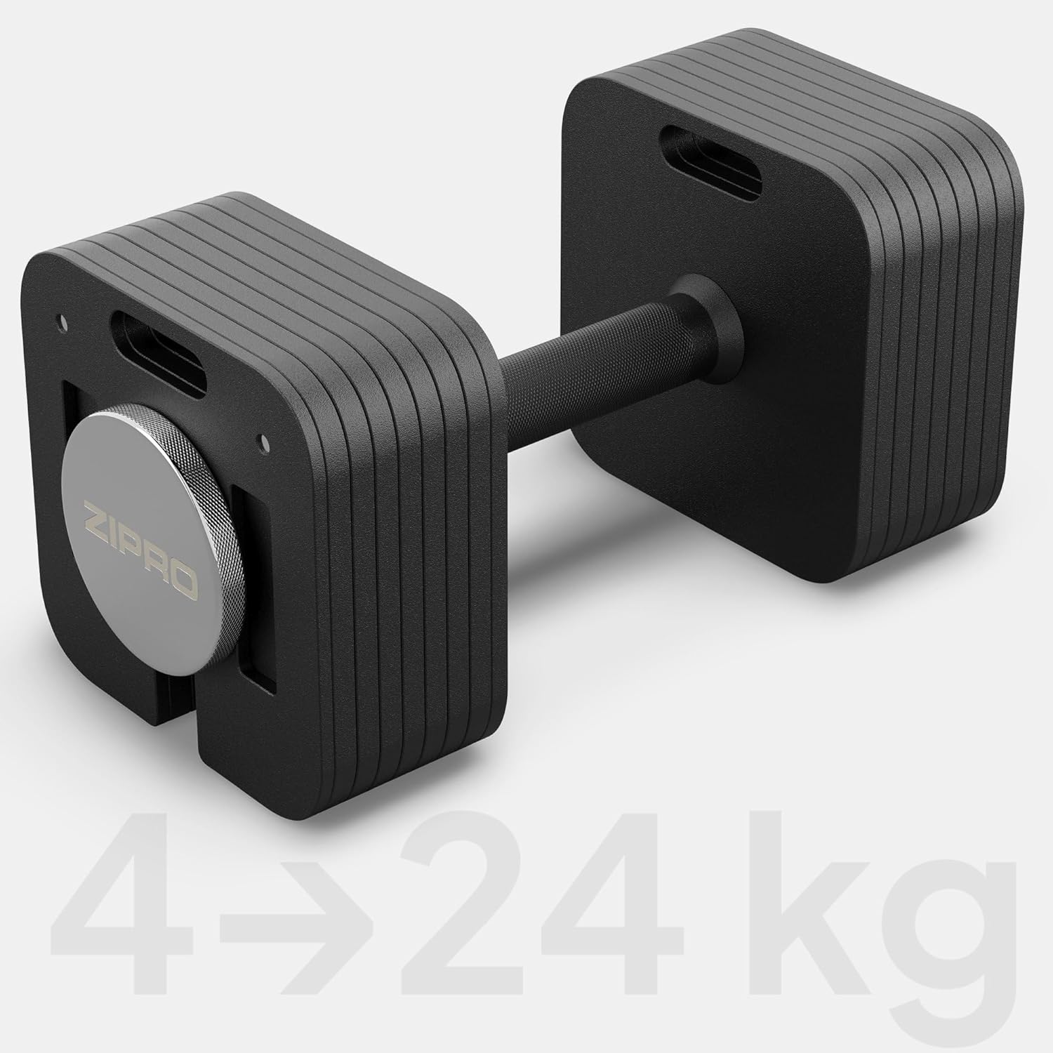 ZIPRO Adjustable Dumbbell showing 4-24 kg weight range