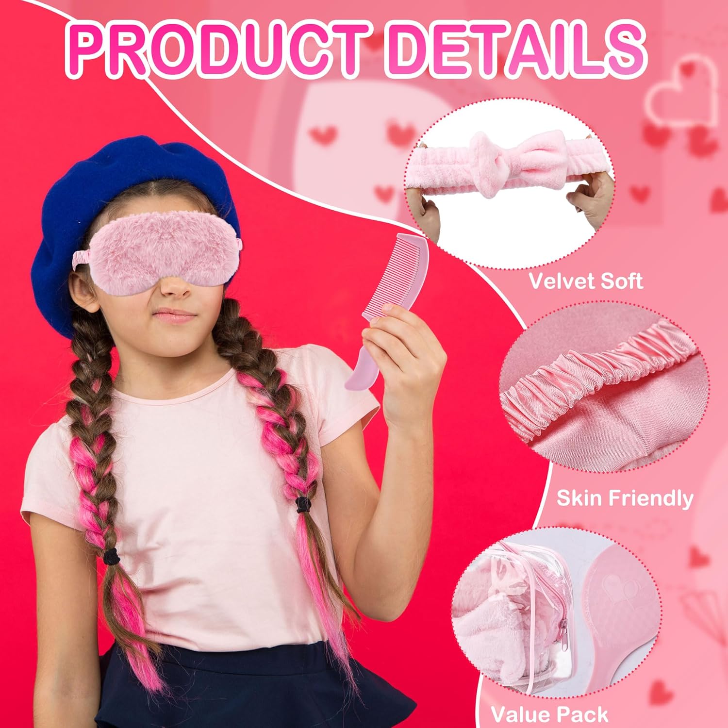 8 Set 48 Pcs Pink Spa Sleepover Party Favors Including Pink Headbands Sleep Eye Masks Scrunchies Mirrors Combs and Clear Cosmetic Bags for Girls Wedding Slumber Birthday Party Favors