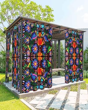 Outdoor Curtain for Patio Waterproof, Colorful Mexico Style Abstract Flower Floral Leaves Bird Windows Curtains Panels Outside Drapes for Living Room/Pergola/Garden/Balcony 54" W x 84" L x 2