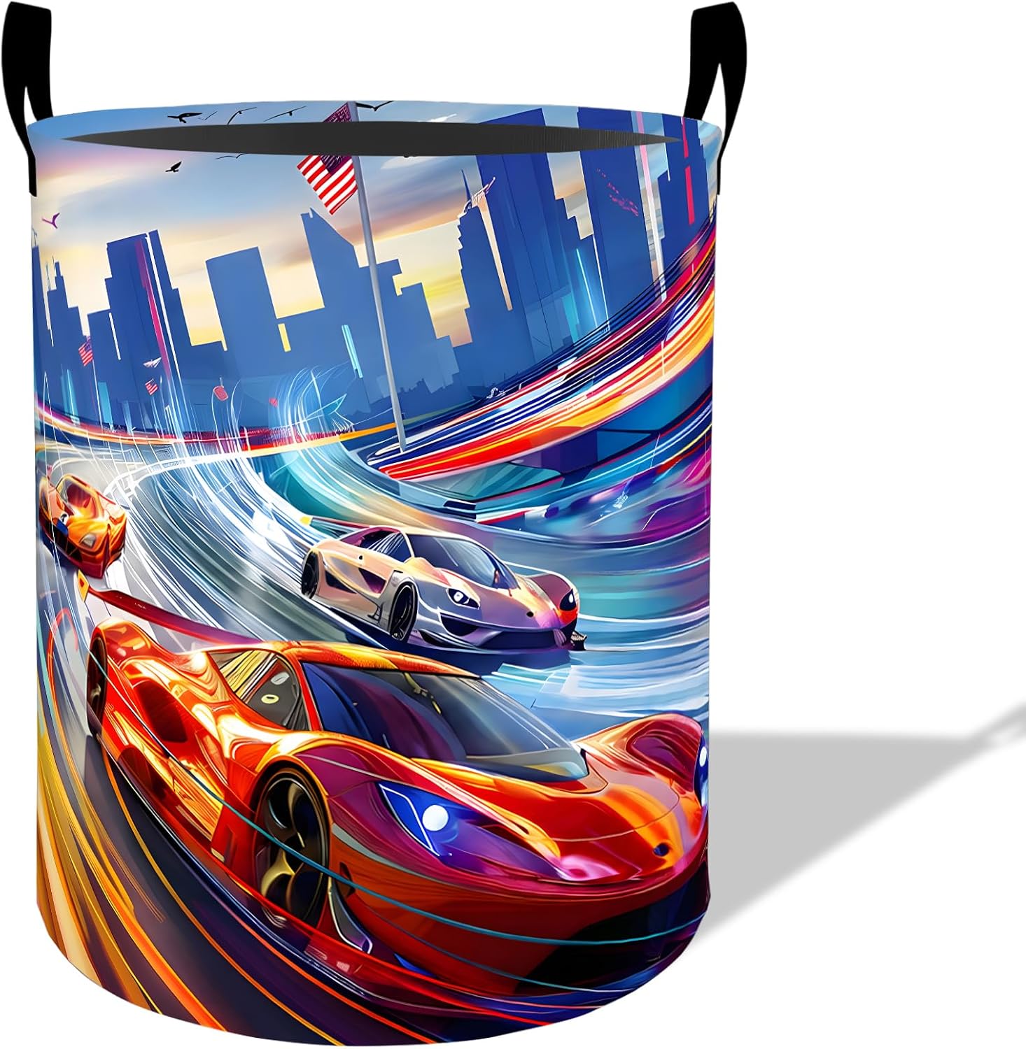 Sports Car Laundry Basket Hamper 19.7"x15.8", Organizer Bins Gifts for Kids Boys Girls, Speed Car Foldable Waterproof Oxford Clothes Storage Bucket for Bedroom Bathroom Decor