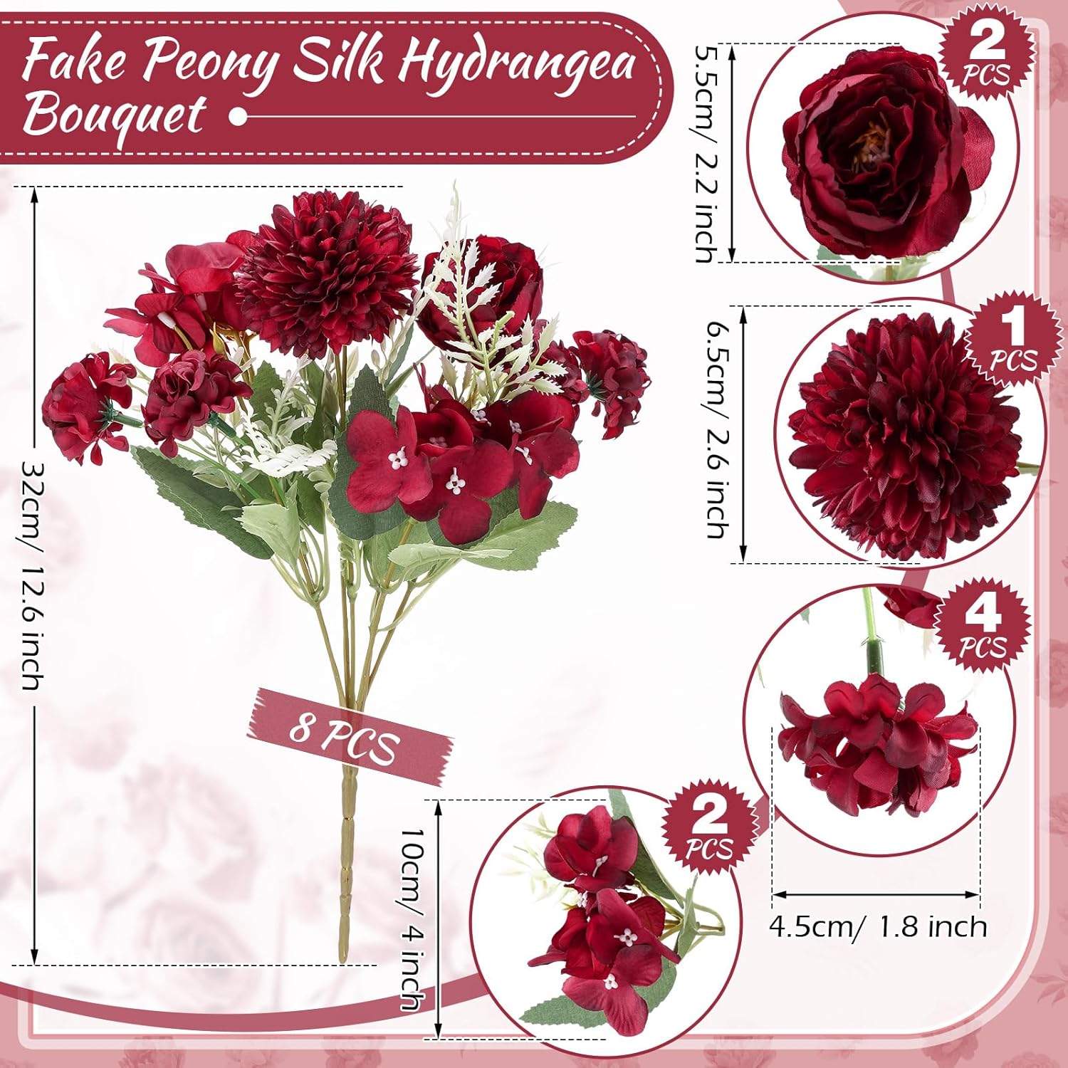 Lyrow 8 Pcs Peony Artificial Flowers Fake Silk Hydrangea Bouquet Elegant Peony Flowers for Wedding Decoration Faux Realistic Floral for Home Party Table Centerpieces Arrangement (Claret) - Image 2