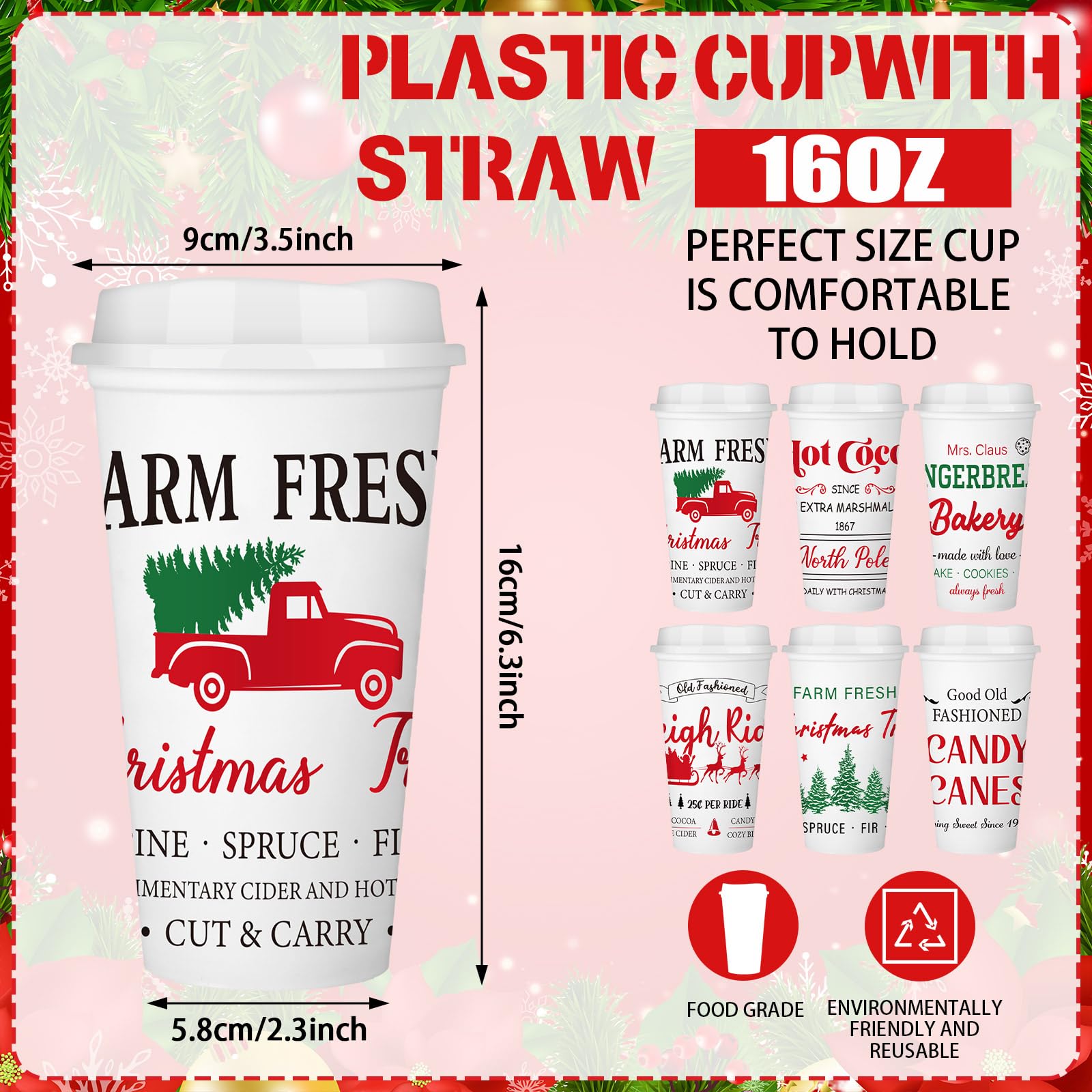 Tioncy Lot de 12 tasses à chocolat chaud réutilisables en plastique pour Noël, Noël, fête d'hiver, 473 ml