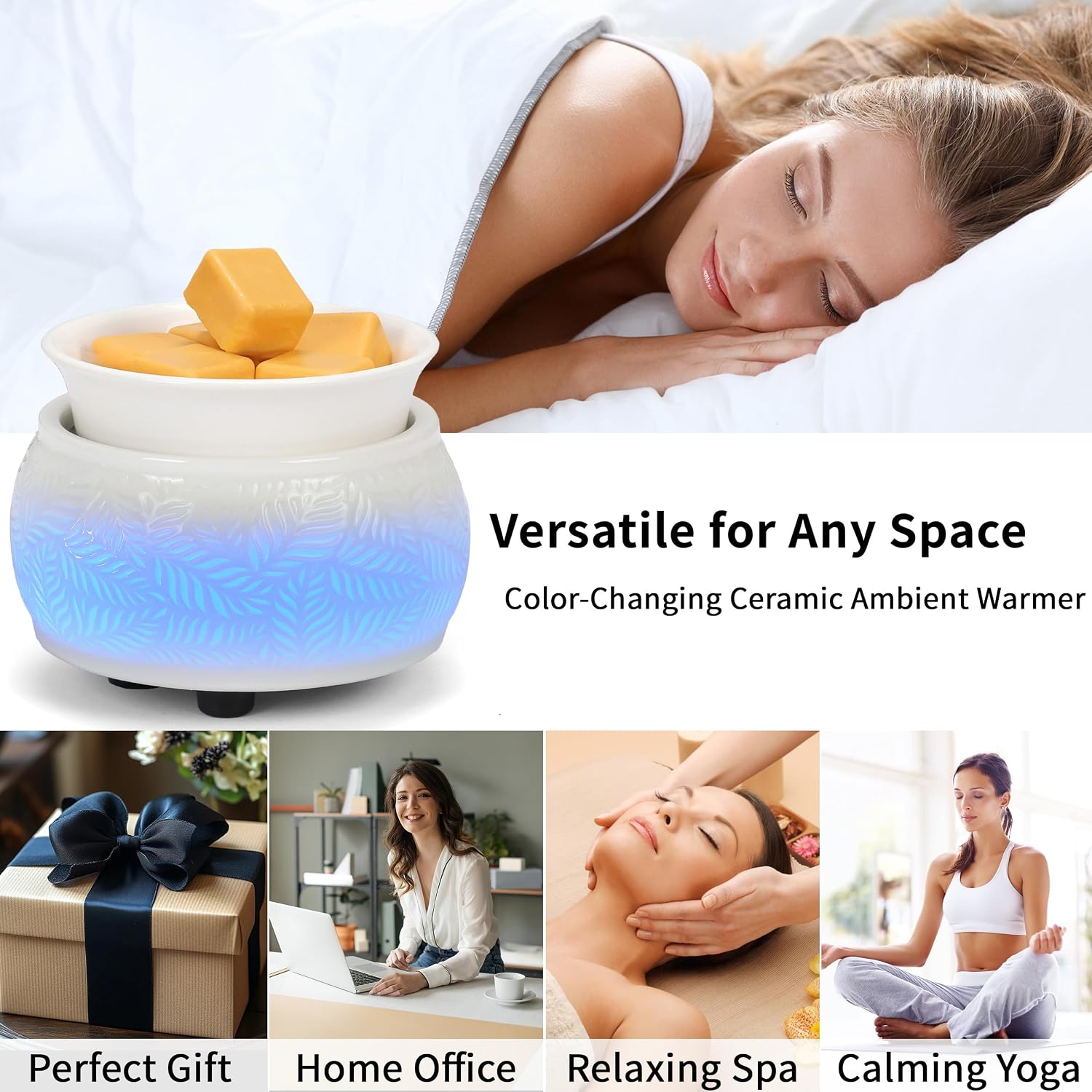 Ceramic Wax Melt Warmer for Scented Wax, 3-in-1 Plug in Electric Candle Diffuser with 7 Color LED Light, Home Decor Gifts