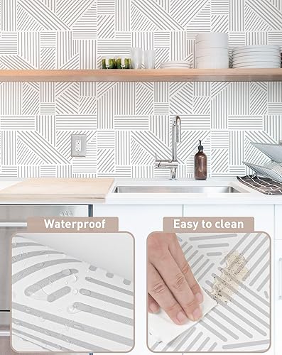 Miniatura 5 de Tomete Papel tapiz geométrico gris y blanco para despegar y pegar, papel tapiz bohemio de 118 pulgadas de largo y 17.3 pulgadas de ancho, papel de