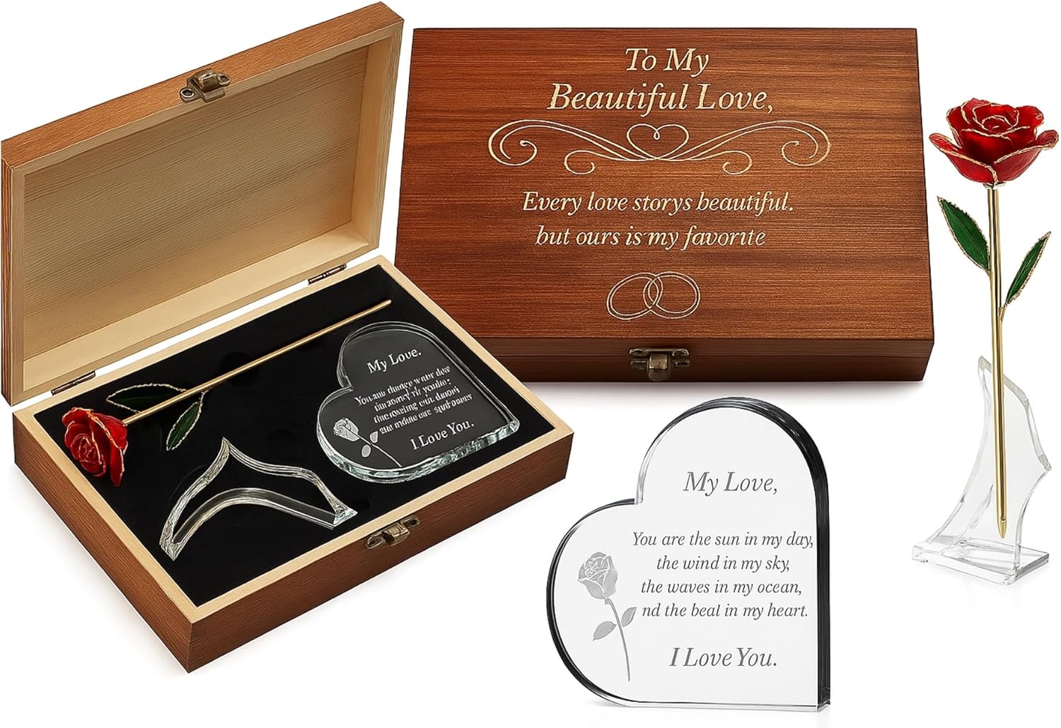 Gift for Anniversary to Wife, Her – Engraved Wooden Set 'To My Love' with Crystal Engraved Heart & 24K Gold Dipped Rose – Romantic Valentines Gifts for Women, Girlfriend, Unique Love Gift Idea
