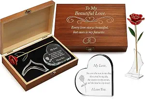 Engraved Wooden Gift Set with Gold Dipped Rose and Crystal Heart for Anniversary, Wife, Girlfriend