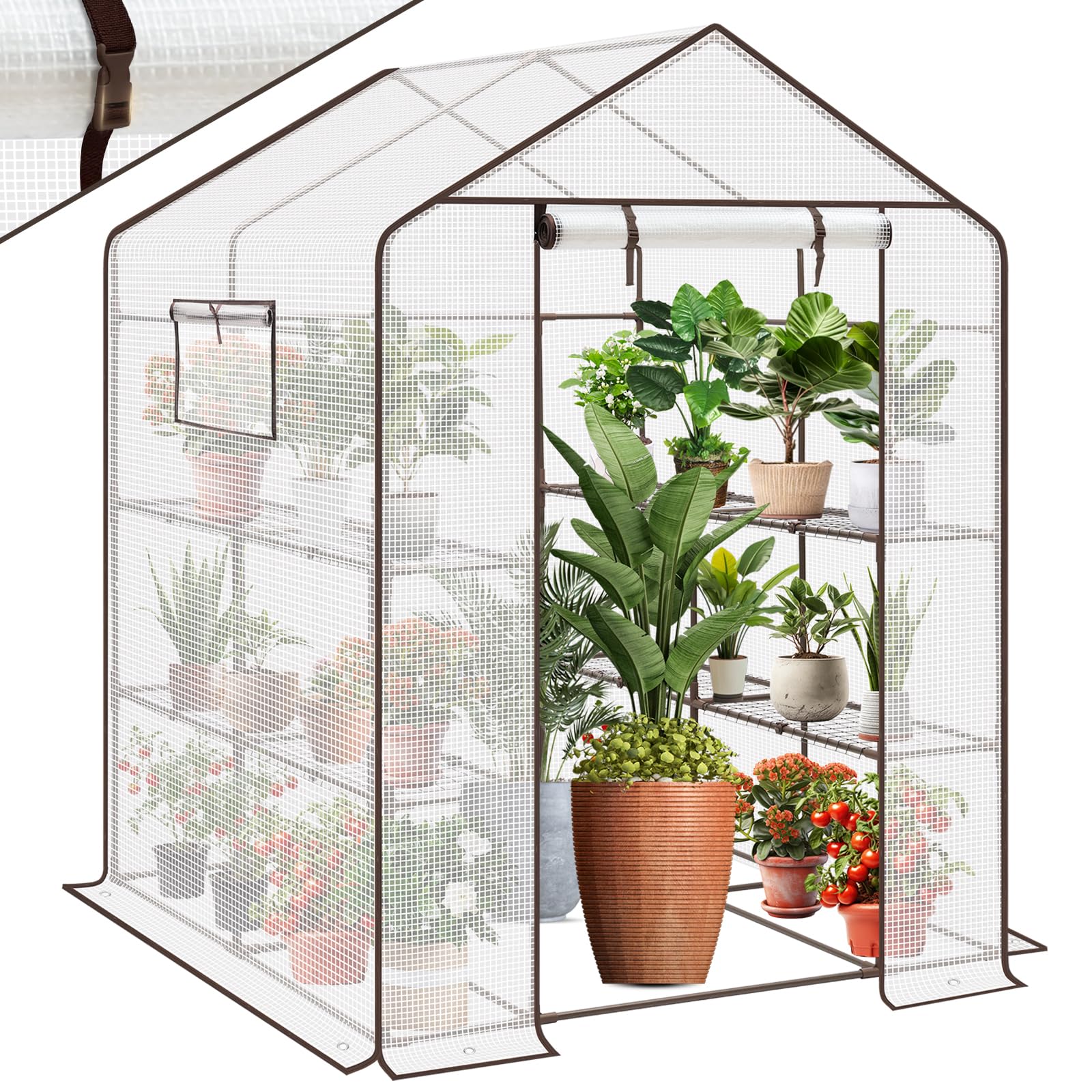 Sekey Gewächshaus 200x145x145 cm, Foliengewächshaus Stabil, Gewächshaus Balkon mit 10 Regalböden für optimales Pflanzenwachstum, Weiß, XXL