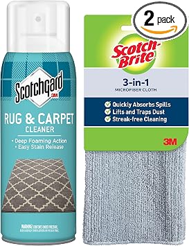 Scotchgard Rug & Carpet Cleaner, Fabric Cleaner Blocks Stains, Cleaning Sprays Make Cleanup Easier, 14 oz + Scotch-Brite 3-in-1 Microfiber Cloth