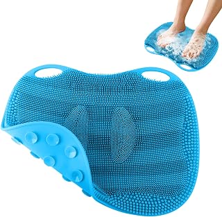 Kalolary silicone shower foot scrub mat, large foot cleaning brush with non-slip suction cups to clean exfoliate and massage feet without bending Easy to clean (Blue)