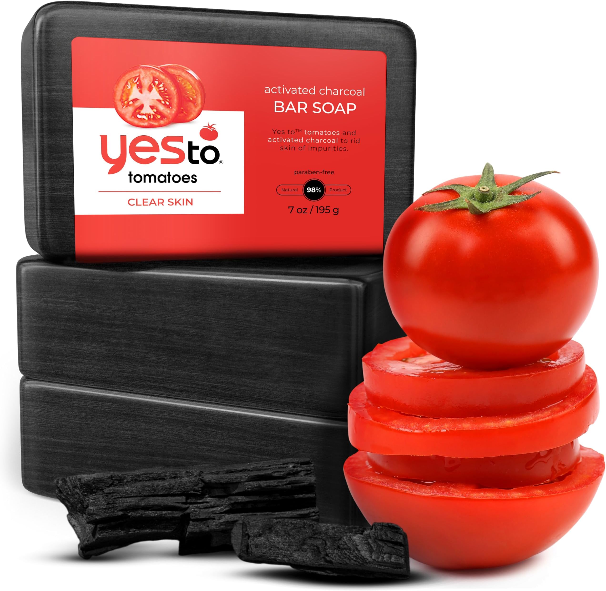 Tomatoes Charcoal Bar Soap with Tomato Extracts & Sunflower Seed Oil - Detoxifying Face & Body Soap for Men, Women, and Teens, 6 oz - Paraben-Free (Pack of 3)