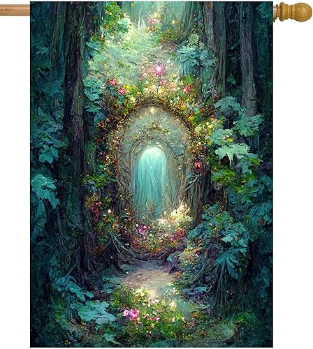 ShineSnow Bandera de paisaje de fantasía, cuento de hadas, árbol del bosque, flores, puerta, casa, 28 x 40 pulgadas, poliéster de doble cara,
