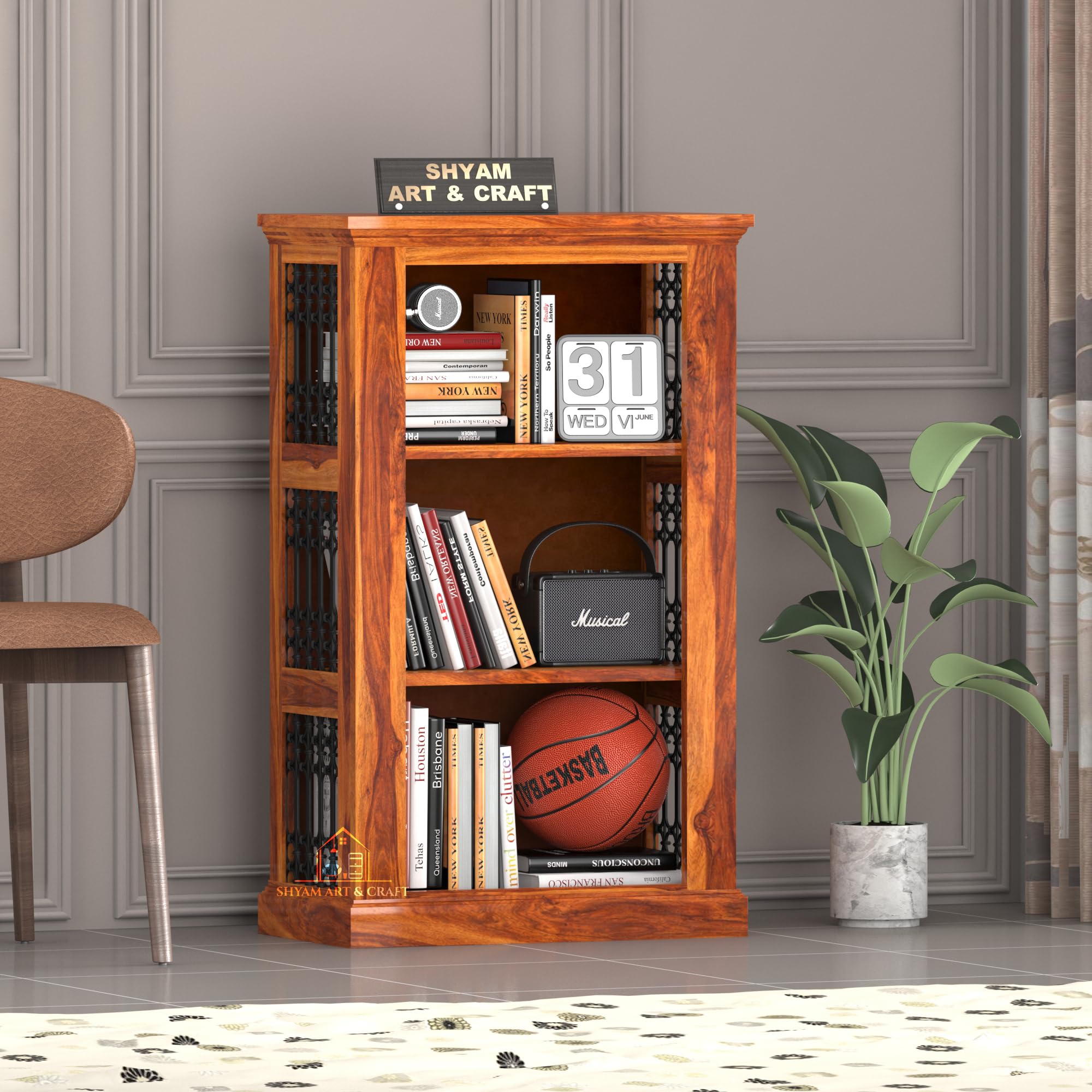 Solid Sheesham Wood Book Shelf | 3 Tier Wooden Bookcase Storage Cabinet | Open Display Rack with Iron Mesh Side Panels | Bookshelf for Living Room Bedroom Home Office | Honey Finish-picture-13