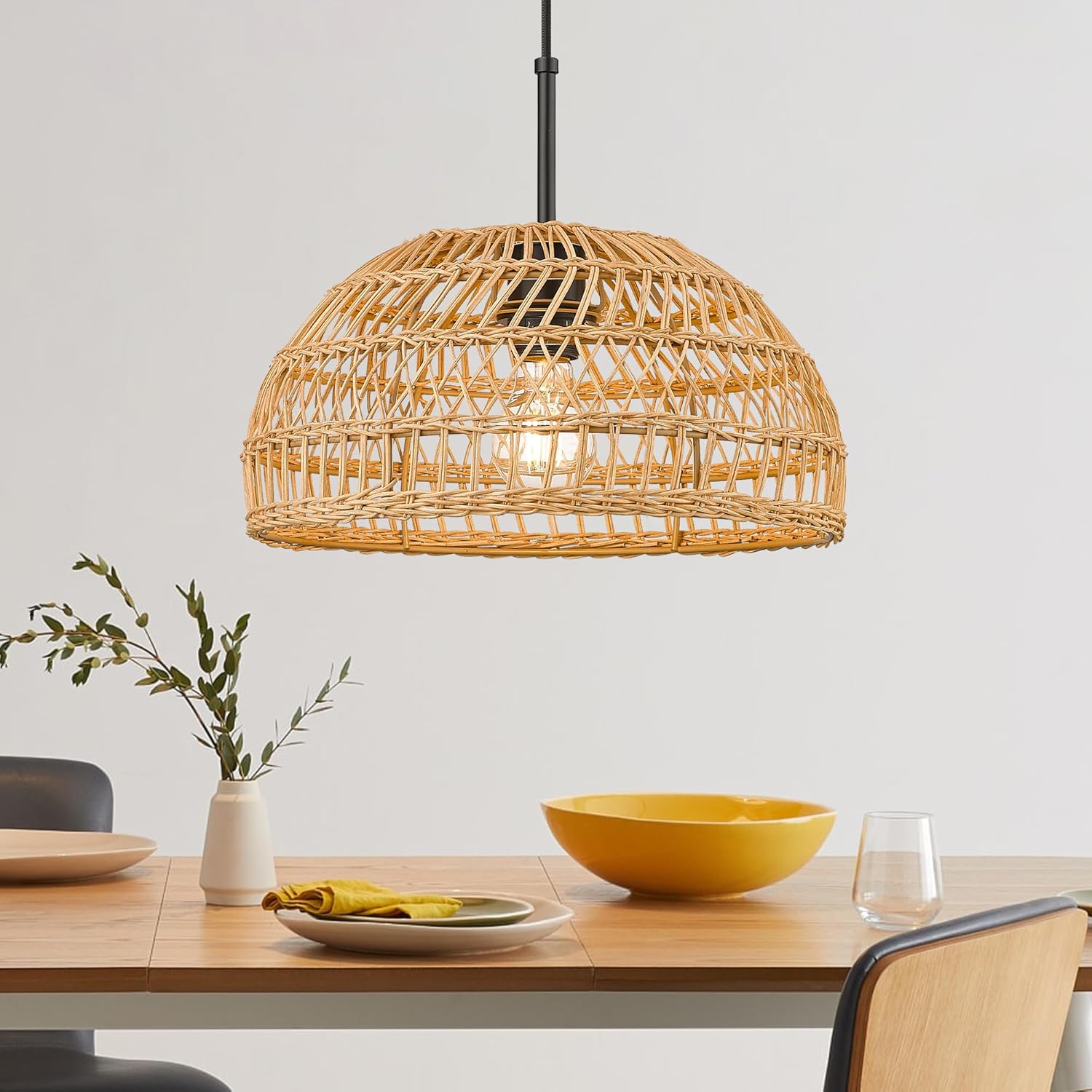 ELYONA Rattan Pendant Lights, Modern Boho Hanging Lamp with Hand Woven Rattan Dome Basket Shade