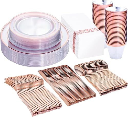 Miniatura 14 de DaYammi Juego de vajilla de plástico dorado de 350 piezas para 50 invitados, platos desechables elegantes para fiestas, incluye: 50 platos llanos,